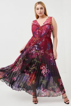 Brand new ๐ Karen Millen Plus Size Ombre Pleat Corset Detail Woven Maxi - burgundy โ