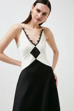 Coupon ⭐ Karen Millen 🔨 Hammered Satin & Lace Woven Slip 👗 Dress - mono ⭐ -Occasionwear Popular Store bkk00203 mono xl 1