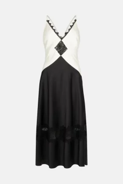 Coupon ⭐ Karen Millen 🔨 Hammered Satin & Lace Woven Slip 👗 Dress - mono ⭐ -Occasionwear Popular Store bkk00203 mono xl 3