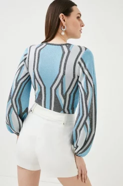 Hot Sale 🎁 Karen Millen Sparkle Geo Jacquard Knit Top 🔥 -Occasionwear Popular Store bkk00344 blue xl 2