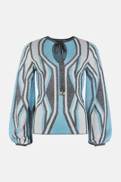 Hot Sale 🎁 Karen Millen Sparkle Geo Jacquard Knit Top 🔥 -Occasionwear Popular Store bkk00344 blue xl 3