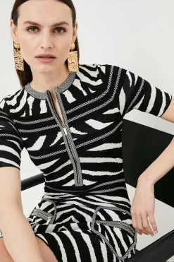 Outlet ⌛ Karen Millen Textured Ottoman Zebra Jacquard Knit 👗 Dress - mono 🎉 -Occasionwear Popular Store bkk00359 mono xl 1