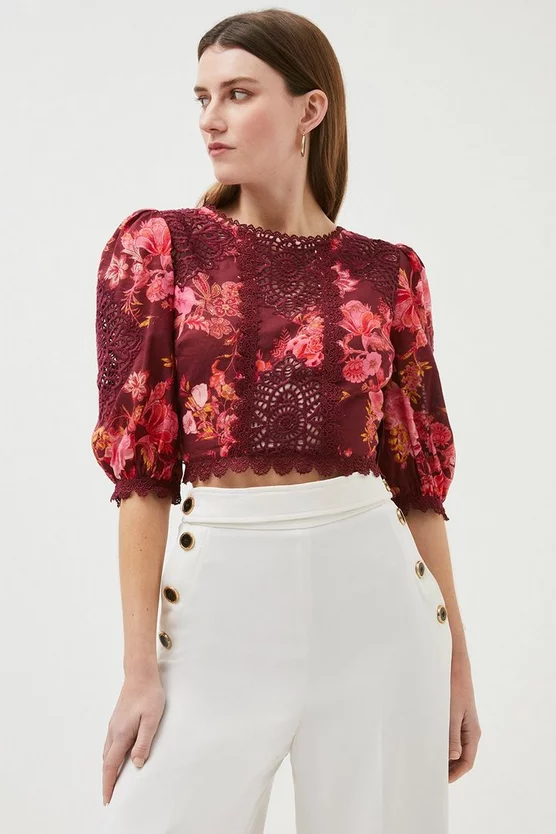 Coupon ⌛ Karen Millen Floral Voile Cutwork Woven Puff Sleeve Top - red 😀 4 Coupon ⌛ Karen Millen Floral Voile Cutwork Woven Puff Sleeve Top - red 😀 - Image 2