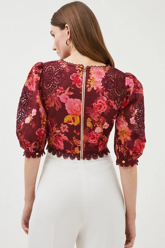 Coupon ⌛ Karen Millen Floral Voile Cutwork Woven Puff Sleeve Top - red 😀 5 Coupon ⌛ Karen Millen Floral Voile Cutwork Woven Puff Sleeve Top - red 😀 - Image 3