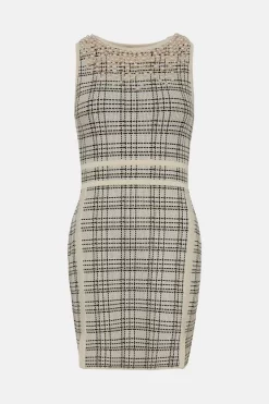 New ⭐ Karen Millen Textured Check Knit Pearl Detail Pencil Mini 👗 Dress - mono 😉 -Occasionwear Popular Store bkk00444 mono xl 3