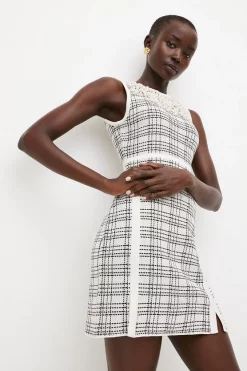 New ⭐ Karen Millen Textured Check Knit Pearl Detail Pencil Mini 👗 Dress - mono 😉 -Occasionwear Popular Store bkk00444 mono xl 4