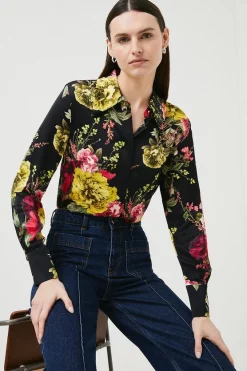Best Pirce 🛒 Karen Millen Rose Viscose Satin 70's Collar Woven 👕 Shirt - geo 🥰