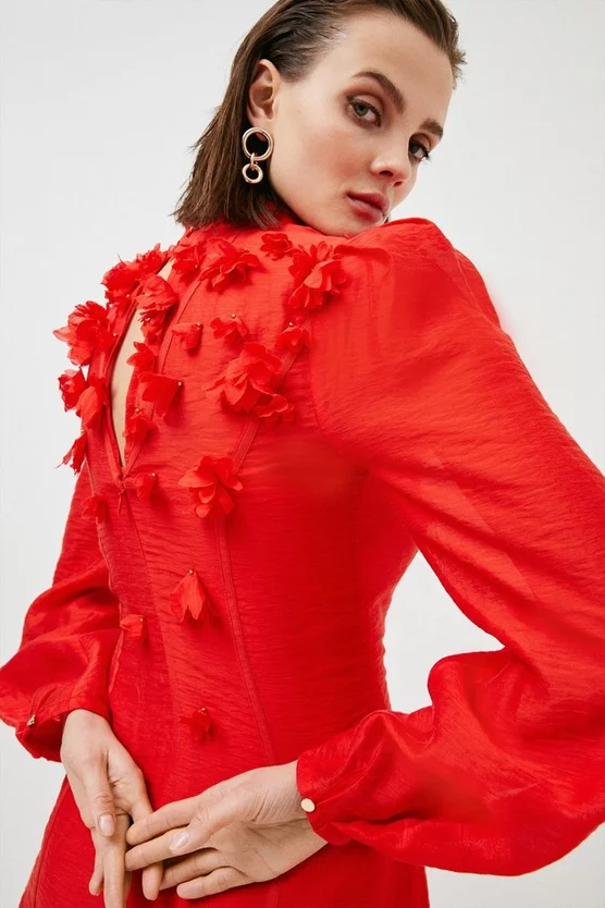 Discount 🎁 Karen Millen Applique Beaded Balloon Sleeve Woven 👗 Dress - red ✨ 5 Discount 🎁 Karen Millen Applique Beaded Balloon Sleeve Woven 👗 Dress - red ✨ - Image 3