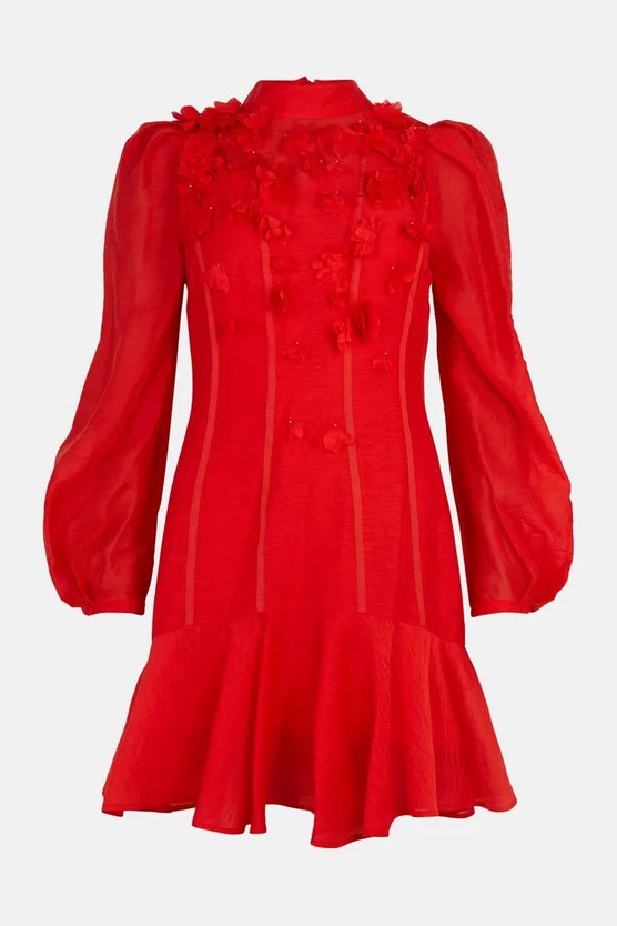 Discount 🎁 Karen Millen Applique Beaded Balloon Sleeve Woven 👗 Dress - red ✨ 6 Discount 🎁 Karen Millen Applique Beaded Balloon Sleeve Woven 👗 Dress - red ✨ - Image 4