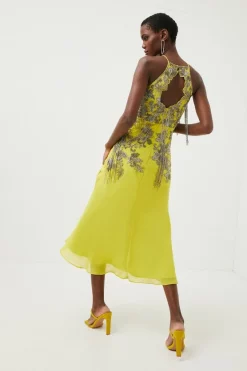 Promo 👏 Karen Millen Beaded Embellished Fringed Satin Woven Slip - lime 🔔 -Occasionwear Popular Store bkk00509 lime xl 2