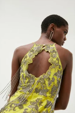 Promo 👏 Karen Millen Beaded Embellished Fringed Satin Woven Slip - lime 🔔 -Occasionwear Popular Store bkk00509 lime xl 4