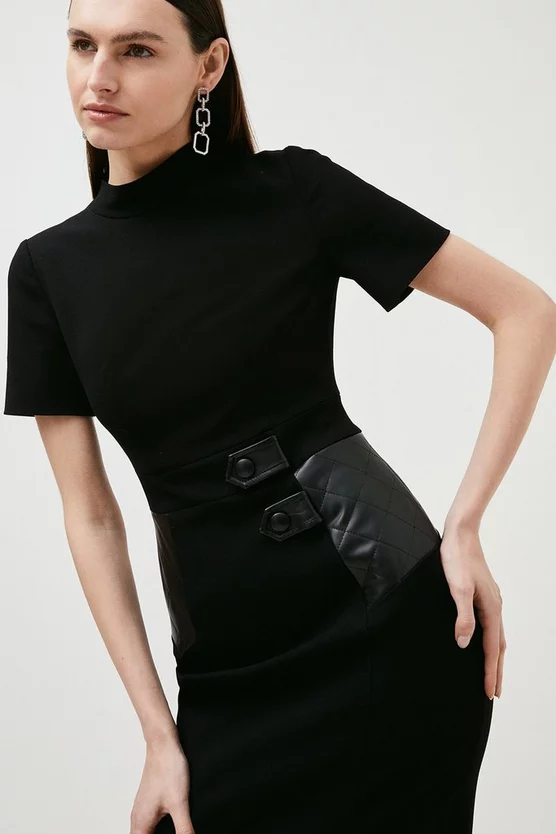 Cheap 🔔 Karen Millen Structured Crepe Pu Contrast Pencil Midi 👗 Dress 🎉 4 Cheap 🔔 Karen Millen Structured Crepe Pu Contrast Pencil Midi 👗 Dress 🎉 - Image 2