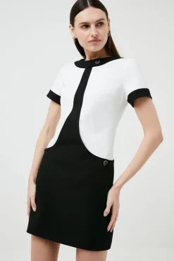 Deals ๐ Karen Millen Compact Stretch Panelled Button A Line Mini ๐ Dress - blackwhite โญ