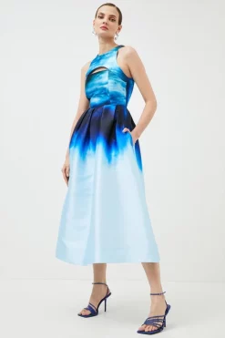 New 🤩 Karen Millen Cosmo Print Structured Midi Prom 👗 Dress - blue 🎉 -Occasionwear Popular Store bkk01056 blue xl 1