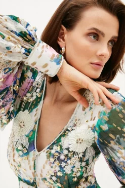 New ✨ Karen Millen Abstract Print & Applique Detail Woven Maxi - ivory 🤩 -Occasionwear Popular Store bkk01196 ivory xl 2