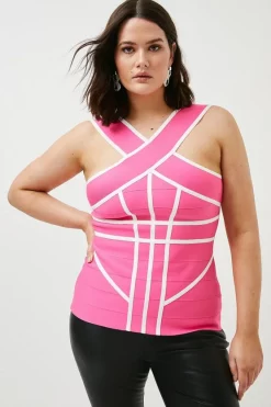 Budget ✨ Karen Millen Plus size Bandage Knit Contrast Cross Front Top - fuchsia 😍