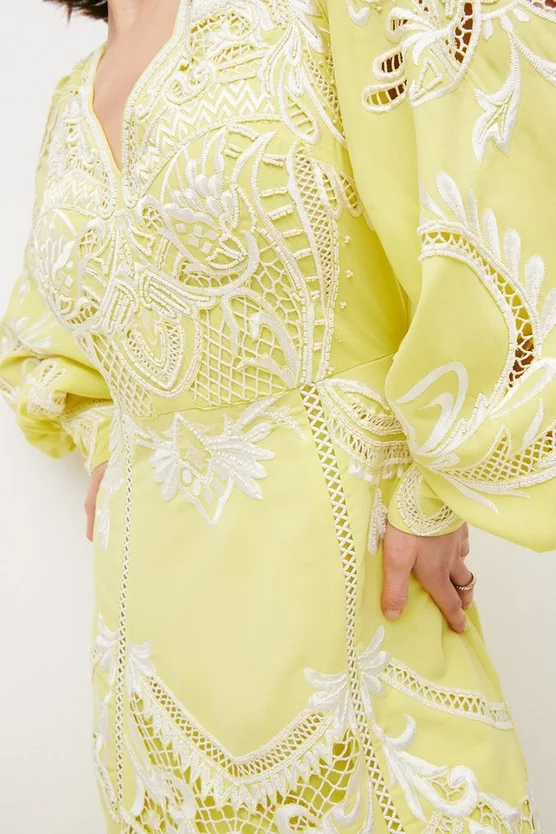 Budget 🥰 Karen Millen Cutwork Beaded Drama Sleeve Woven Midi 👗 Dress - lime 🔔 5 Budget 🥰 Karen Millen Cutwork Beaded Drama Sleeve Woven Midi 👗 Dress - lime 🔔 - Image 3