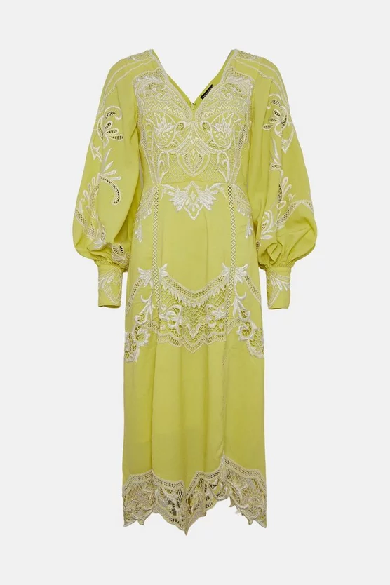 Budget 🥰 Karen Millen Cutwork Beaded Drama Sleeve Woven Midi 👗 Dress - lime 🔔 6 Budget 🥰 Karen Millen Cutwork Beaded Drama Sleeve Woven Midi 👗 Dress - lime 🔔 - Image 4