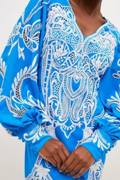 Hot Sale 👏 Karen Millen Cutwork Beaded Drama Sleeve Woven 👗 Dress - blue 🔥 -Occasionwear Popular Store bkk01229 blue xl 1