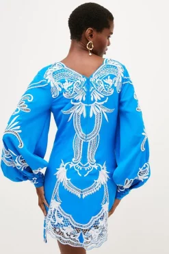 Hot Sale 👏 Karen Millen Cutwork Beaded Drama Sleeve Woven 👗 Dress - blue 🔥 -Occasionwear Popular Store bkk01229 blue xl 2