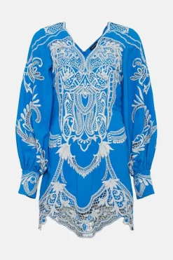 Hot Sale 👏 Karen Millen Cutwork Beaded Drama Sleeve Woven 👗 Dress - blue 🔥 -Occasionwear Popular Store bkk01229 blue xl 3