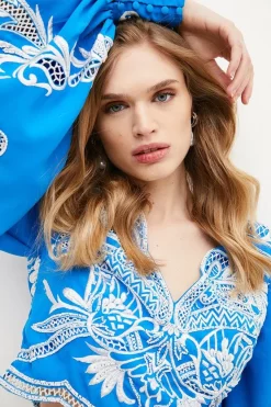 Discount ✔️ Karen Millen Cutwork Beaded Drama Sleeve Woven Top - blue ❤️ 10 Discount ✔️ Karen Millen Cutwork Beaded Drama Sleeve Woven Top - blue ❤️ -Occasionwear Popular Store bkk01232 blue xl 2