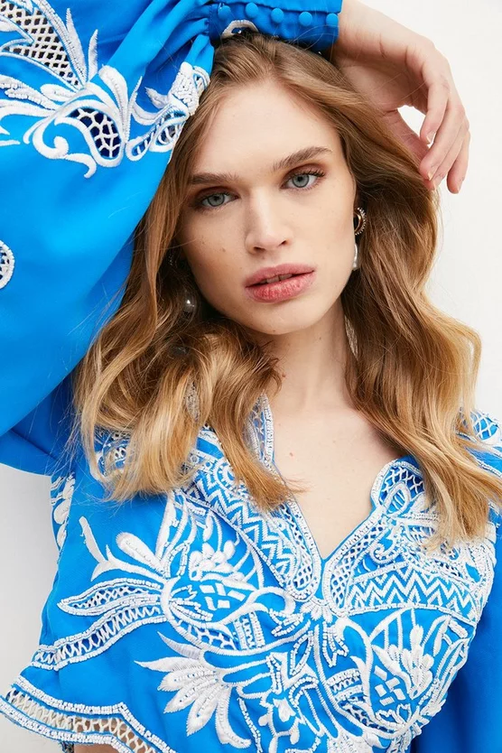 Discount ✔️ Karen Millen Cutwork Beaded Drama Sleeve Woven Top - blue ❤️ 5 Discount ✔️ Karen Millen Cutwork Beaded Drama Sleeve Woven Top - blue ❤️ - Image 3