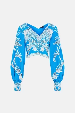 Discount ✔️ Karen Millen Cutwork Beaded Drama Sleeve Woven Top - blue ❤️ 11 Discount ✔️ Karen Millen Cutwork Beaded Drama Sleeve Woven Top - blue ❤️ -Occasionwear Popular Store bkk01232 blue xl 3