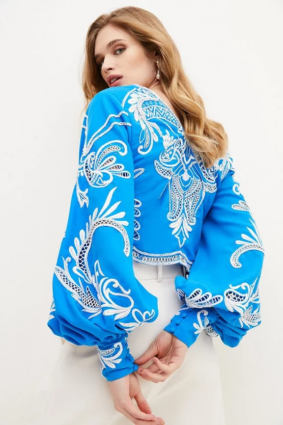 Discount ✔️ Karen Millen Cutwork Beaded Drama Sleeve Woven Top - blue ❤️ 7 Discount ✔️ Karen Millen Cutwork Beaded Drama Sleeve Woven Top - blue ❤️ - Image 5