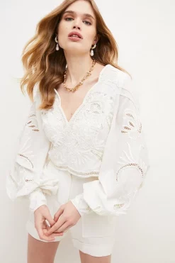Coupon 👍 Karen Millen Cutwork Beaded Drama Sleeve Woven Top - white 🥰