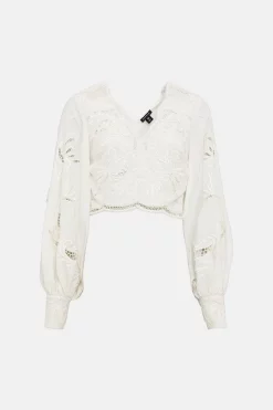 Coupon 👍 Karen Millen Cutwork Beaded Drama Sleeve Woven Top - white 🥰 -Occasionwear Popular Store bkk01233 white xl 3
