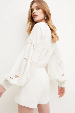 Coupon 👍 Karen Millen Cutwork Beaded Drama Sleeve Woven Top - white 🥰 -Occasionwear Popular Store bkk01233 white xl 4