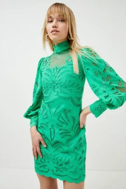 Wholesale 🔔 Karen Millen Cutwork Volume Sleeve Woven Mini 👗 Dress - green 🎁