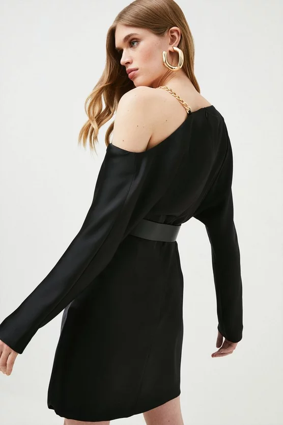 Budget ๐ Karen Millen Satin Crepe Chain Trim Draped Mini ๐ Dress ๐ 5 Budget ๐ Karen Millen Satin Crepe Chain Trim Draped Mini ๐ Dress ๐ - Image 3