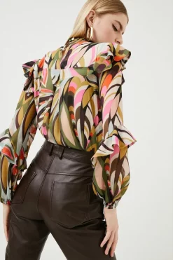 Discount 🧨 Karen Millen Kaleidoscope Print Shirred Woven Blouse - coral 🔔 -Occasionwear Popular Store bkk01407 coral xl 2