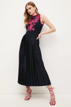 Buy 💯 Karen Millen Applique Embroidered Lace Pleat Knit Midi 👗 Dress ✨