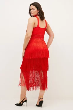 Budget 🤩 Karen Millen Plus Size Cut Out Fringed Bandage Knit Midi 👗 Dress - red 😍 -Occasionwear Popular Store bkk01581 red xl 2