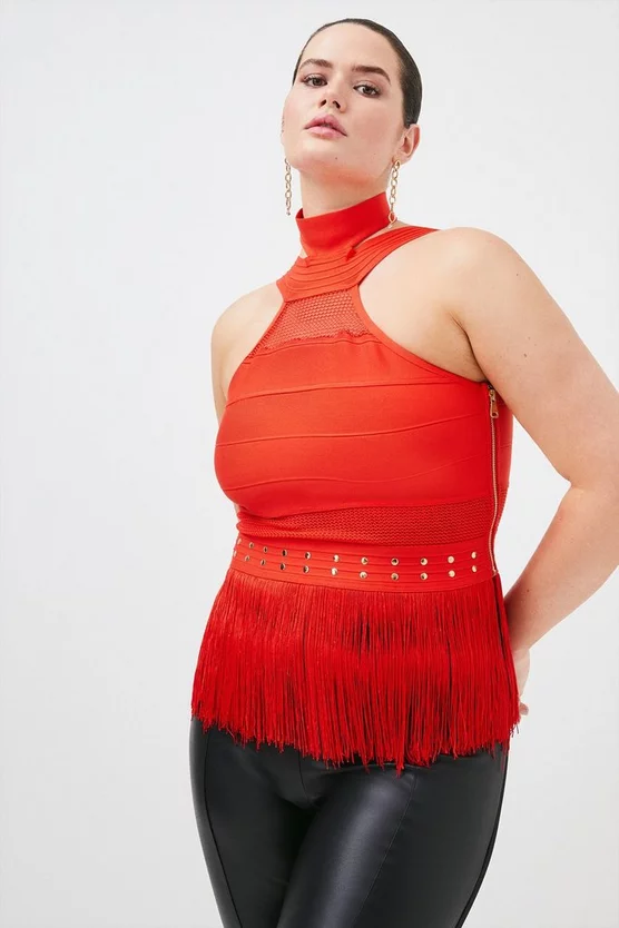 Cheapest ๐ Karen Millen Plus size Cutout Halter Fringed Bandage Knit Top - red ๐ 3 Cheapest ๐ Karen Millen Plus size Cutout Halter Fringed Bandage Knit Top - red ๐