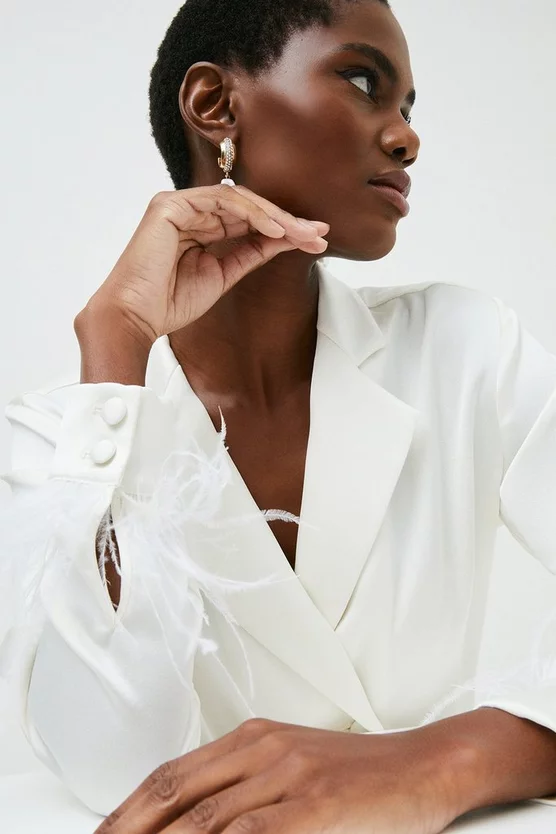 Outlet 🎁 Karen Millen Satin Crepe Double Breasted Feather Jacket - ivory 😍 4 Outlet 🎁 Karen Millen Satin Crepe Double Breasted Feather Jacket - ivory 😍 - Image 2