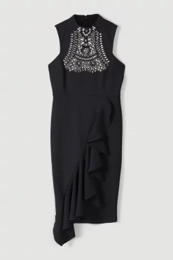 Cheapest 🧨 Karen Millen Embellished Ruffle Figure Form Crepe Midi 👗 Dress 🔔 -Occasionwear Popular Store bkk01713 black xl 3