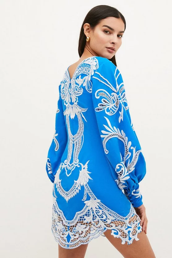 Flash Sale π Karen Millen Petite Cutwork Bead Drama Sleeve Woven π Dress - blue π 5 Flash Sale π Karen Millen Petite Cutwork Bead Drama Sleeve Woven π Dress - blue π - Image 3
