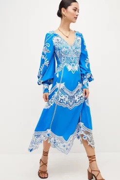 Buy 🤩 Karen Millen Petite Cutwork Bead Drama Woven Midi 👗 Dress - blue ❤️