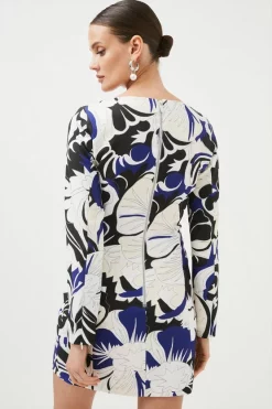 New ✔️ Karen Millen Abstract Floral Printed Long Sleeve Mini 👗 Dress - navy ✨ -Occasionwear Popular Store bkk01895 navy xl 2