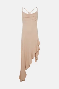 Best Sale 🔔 Karen Millen Soft Tailored Cami Cowl Neck Ruffle Hem Midi 👗 Dress 🎉 -Occasionwear Popular Store bkk01989 neutral xl 3