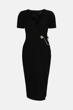 New ❤️ Karen Millen Structured Crepe Chain Fastening Pencil Midi 👗 Dress 🧨 -Occasionwear Popular Store bkk01994 black xl 3