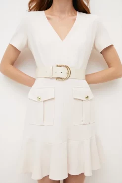 Coupon 🎉 Karen Millen Compact Stretch Military Pephem Belted Mini 👗 Dress 😀 -Occasionwear Popular Store bkk02007 cream xl 1