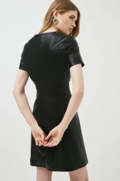 Cheapest ✨ Karen Millen Leather Button A Line Short Sleeve Mini 👗 Dress ✨ -Occasionwear Popular Store bkk02137 black xl 2
