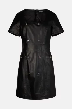 Cheapest ✨ Karen Millen Leather Button A Line Short Sleeve Mini 👗 Dress ✨ -Occasionwear Popular Store bkk02137 black xl 3