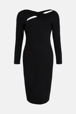Best Sale 🤩 Karen Millen Italian Structured Rib Cross Over Pencil Midi 👗 Dress ⭐ -Occasionwear Popular Store bkk02167 black xl 3