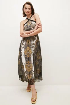 Cheapest 👏 Karen Millen Baroque Print Woven Halter Midi 👗 Dress - black 😉 -Occasionwear Popular Store bkk02179 black xl 1